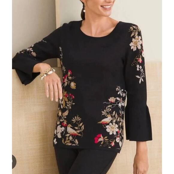 Chico's Sweaters - Chico’s Pullover Knit Sweater Floral Sz XXL Bell Sleeves Black Red Gold Metallic